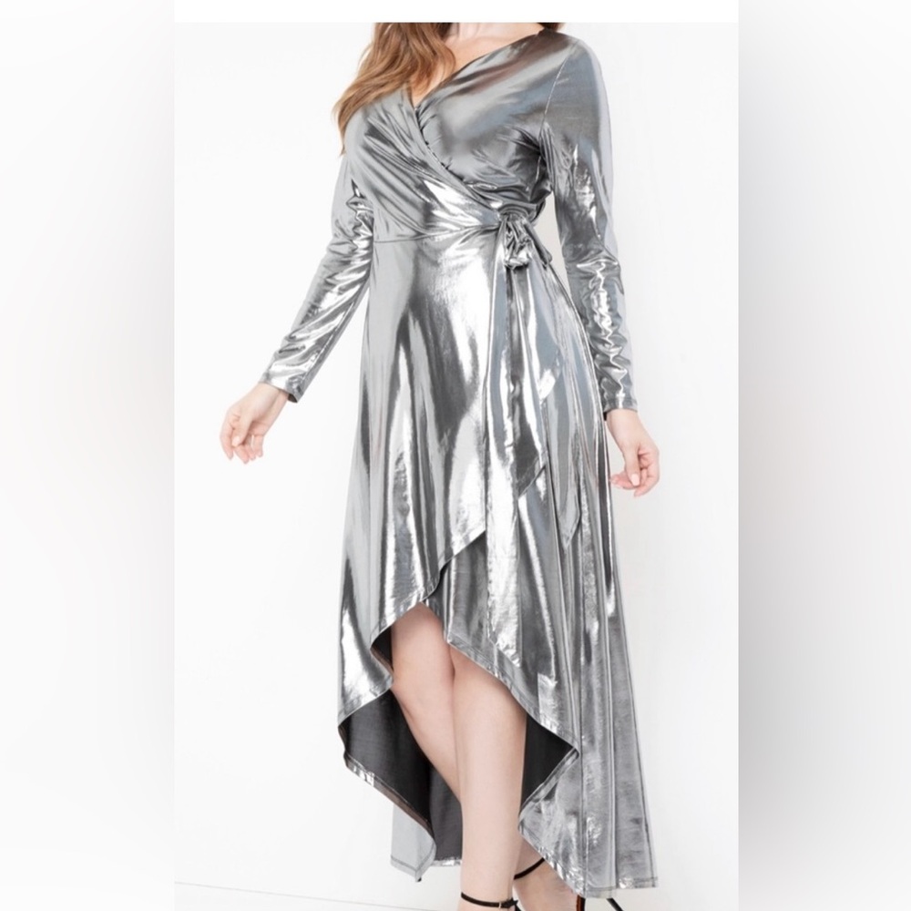 Eloquii Dress Silver Metallic High Low Wrap Maxi Long Sleeve V-Neck Sexy Trendy